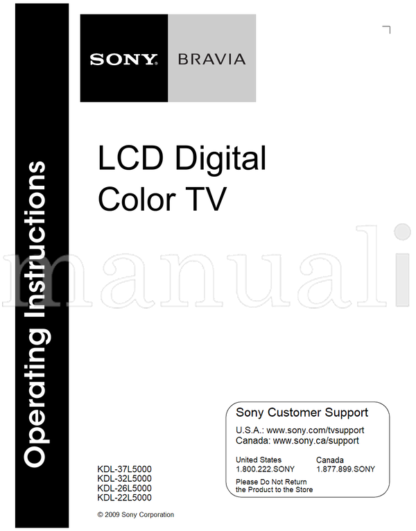 Sony KDL-37L5000 KDL-32L5000 KDL-26L5000 KDL-22L5000 (48 pages) TV Operating Manual
