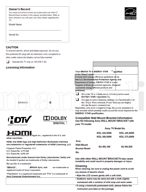 Sony KDL-37L5000 KDL-32L5000 KDL-26L5000 KDL-22L5000 (48 pages) TV Operating Manual