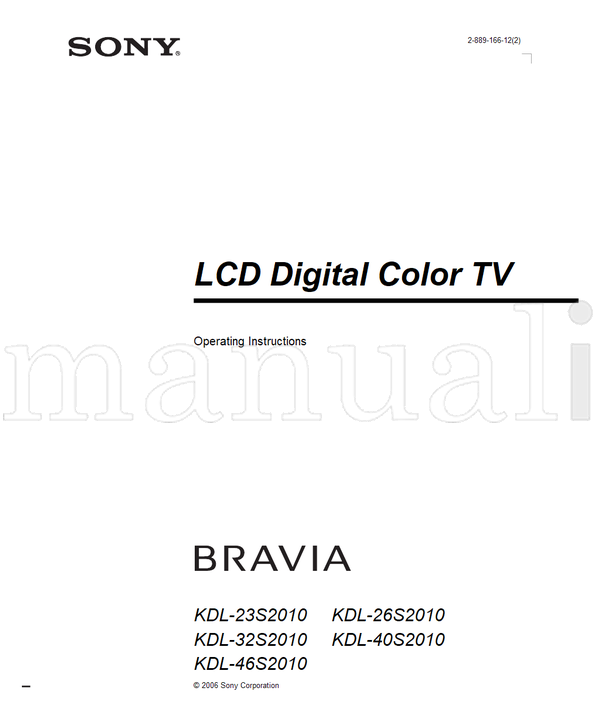 Sony KDL-23S2010 KDL-32S2010 KDL-46S2010 KDL-26S2010 KDL-40S2010 (48 pages) TV Operating Manual