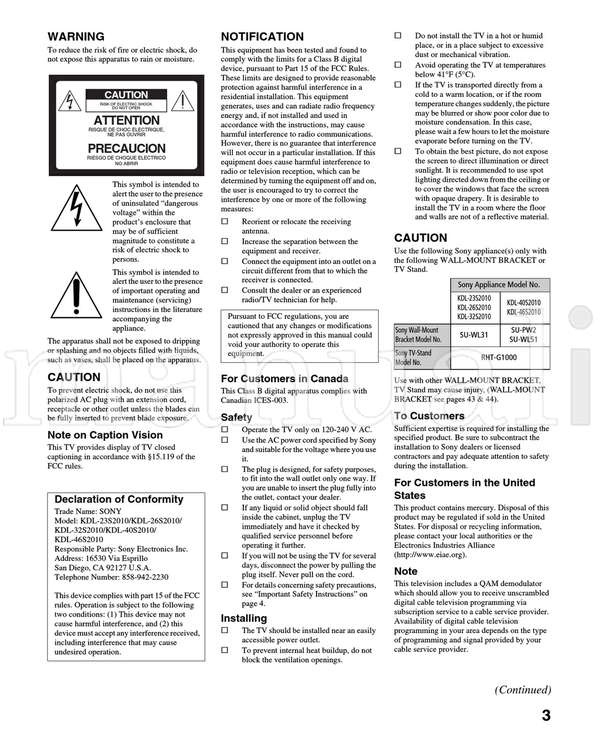 Sony KDL-23S2010 KDL-32S2010 KDL-46S2010 KDL-26S2010 KDL-40S2010 (48 pages) TV Operating Manual