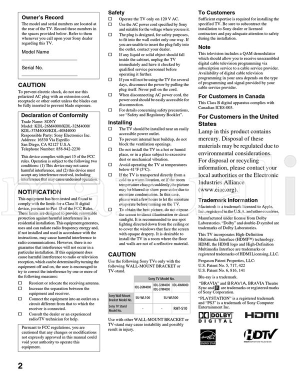 Sony KDL-26M4000 KDL-32M4000 KDL-37M4000 KDL-40M4000 (48 pages) TV Operating Manual