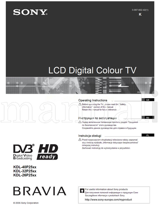 Sony KDL-40P25xx KDL-32P25xx KDL-26P25xx (83 pages) TV Operating Manual