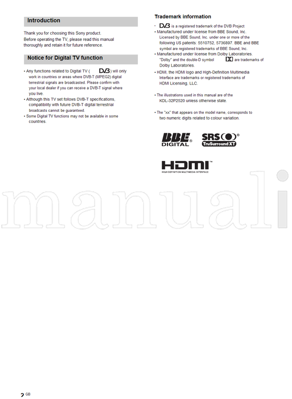 Sony KDL-40P25xx KDL-32P25xx KDL-26P25xx (83 pages) TV Operating Manual