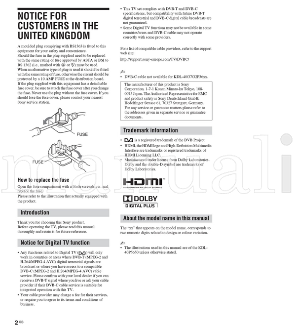 Sony KDL-40P3600 KDL-40P5650 KDL-40S5650 KDL-37P3600 KDL-37P5650 (37 pages) TV Operating Manual