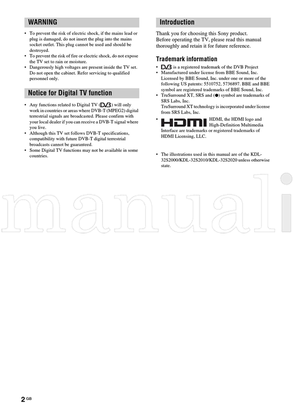 Sony KDL-46S2000 KDL-46S2010 KDL-40S2000 KDL-40S2010 KDL-32S2000 (132 pages) TV Operating Manual