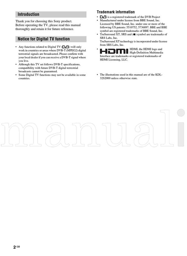 Sony KDL-46S2000 KDL-46S2010 KDL-46S2030 KDL-40S2000 KDL-40S2010 (129 pages) TV Operating Manual