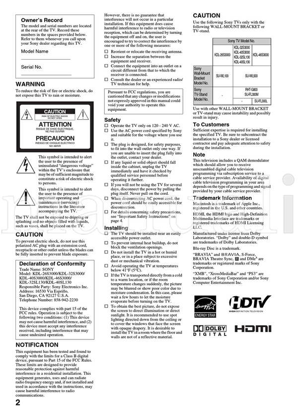 Sony KDL-26S3000 KDL-32S3000 KDL-40S3000 KDL-46S3000 KDL-32SL130 (48 pages) TV Operating Manual