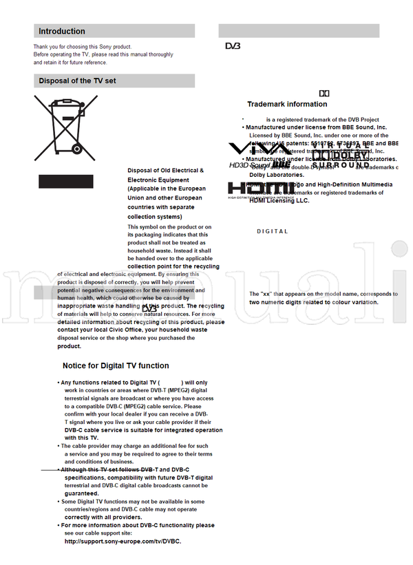 Sony KDL-26T30xx (204 pages) TV Operating Manual