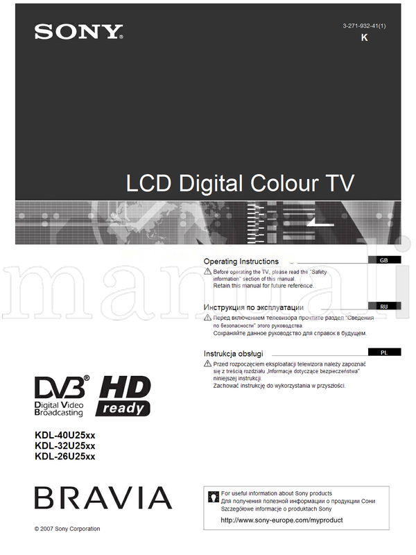 Sony KDL-40U25xx KDL-32U25xx KDL-26U25xx (83 pages) TV Operating Manual