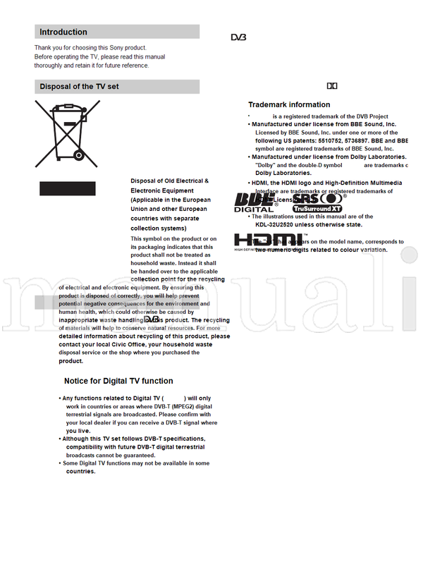 Sony KDL-40U25xx KDL-32U25xx KDL-26U25xx (83 pages) TV Operating Manual