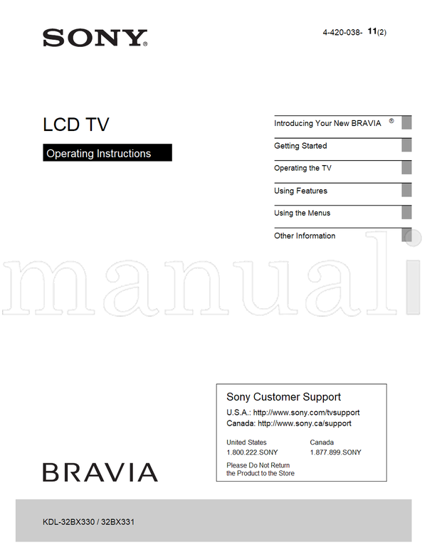 Sony KDL-32BX330 32BX331 4-420-038 (48 pages) TV Operating Manual
