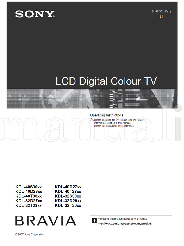 Sony KDL-40S30xx KDL-40D26xx KDL-40T30xx KDL-32D27xx KDL-32T28xx (35 pages) TV Operating Manual