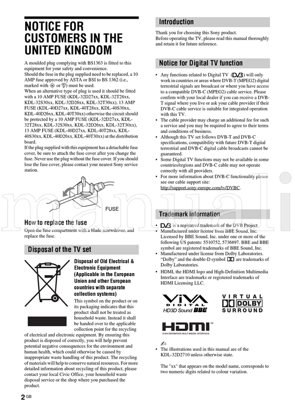 Sony KDL-40S30xx KDL-40D26xx KDL-40T30xx KDL-32D27xx KDL-32T28xx (35 pages) TV Operating Manual