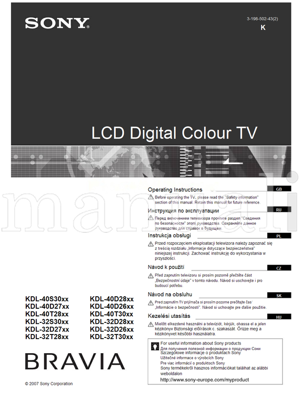 Sony KDL-40S30xx KDL-40D27xx KDL-40T28xx KDL-32S30xx KDL-32D27xx (194 pages) TV Operating Manual
