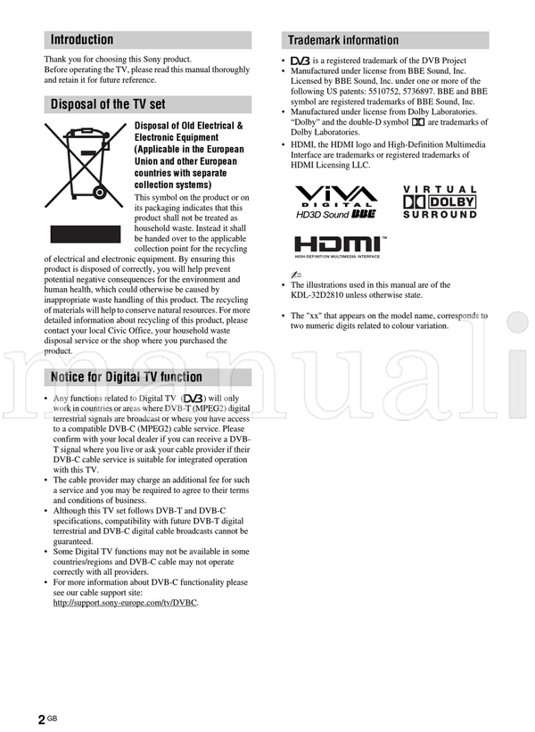 Sony KDL-40S30xx KDL-40D27xx KDL-40T28xx KDL-32S30xx KDL-32D27xx (194 pages) TV Operating Manual
