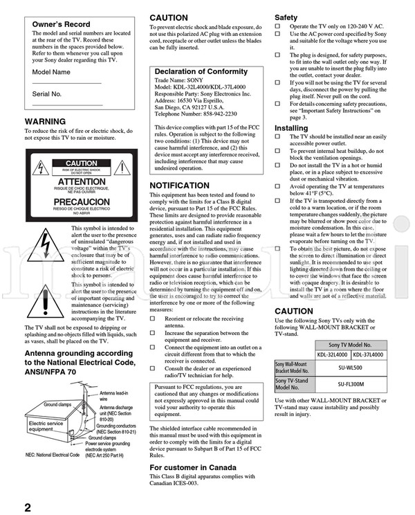 Sony KDL-32L4000 KDL-37L4000 (44 pages) TV Operating Manual