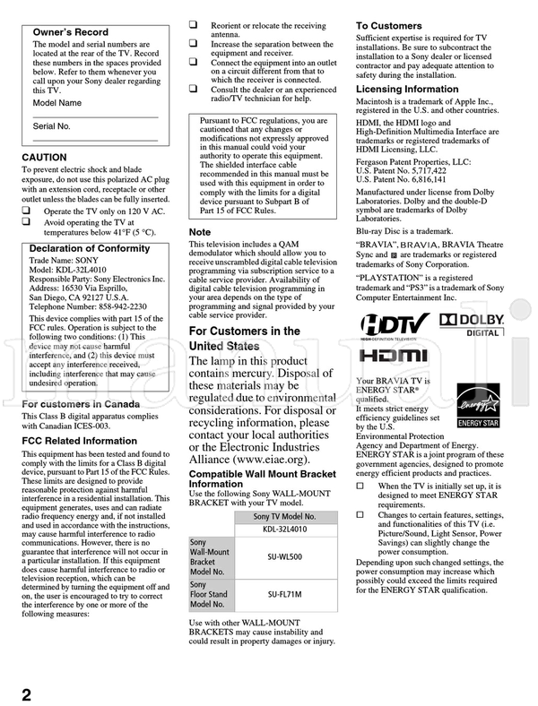 Sony KDL-32L4010 (48 pages) TV Operating Manual