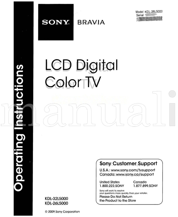 Sony KDL-26L5000 KDL-32L5000 (56 pages) TV Operating Manual
