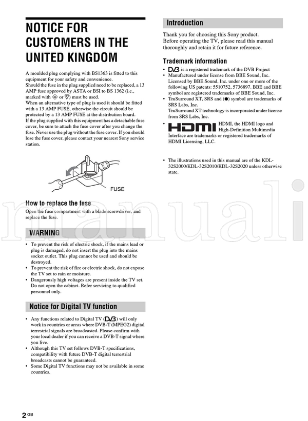 Sony KDL-46S2000 KDL-46S2010 KDL-40S2000 KDL-40S2010 KDL-32S2000 (44 pages) TV Operating Manual