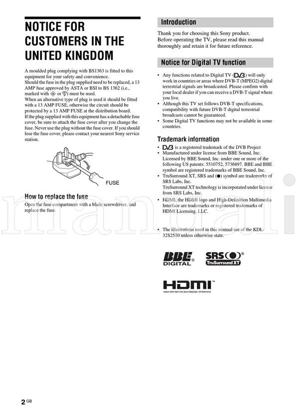 Sony KDL-46S2510 KDL-46S2530 KDL-40S2510 KDL-40S2530 KDL-32S2510 (42 pages) TV Operating Manual