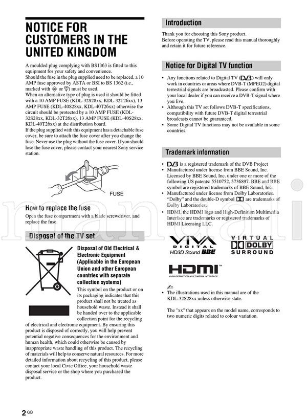 Sony KDL-40S28xx KDL-40T26xx KDL-32S28xx KDL-32T26xx (34 pages) TV Operating Manual