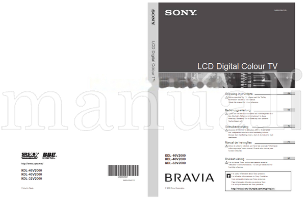 Sony KDL-46V2000 KDL-40V2000 KDL-32V2000 (211 pages) TV Operating Manual