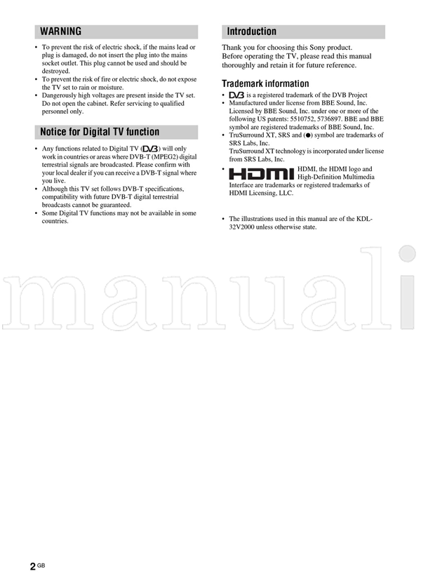 Sony KDL-46V2000 KDL-40V2000 KDL-32V2000 (211 pages) TV Operating Manual