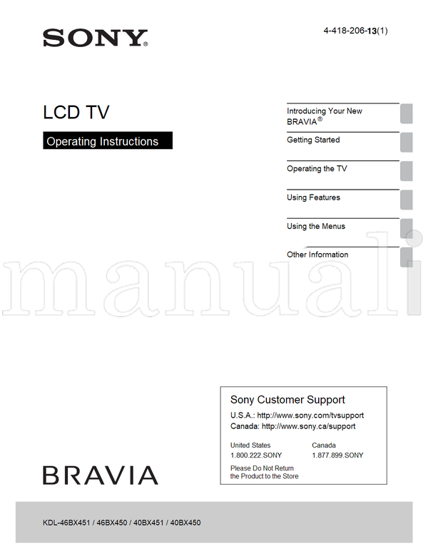 Sony KDL-46BX451 46BX450 40BX451 40BX450 4-418-206- (68 pages) TV Operating Manual