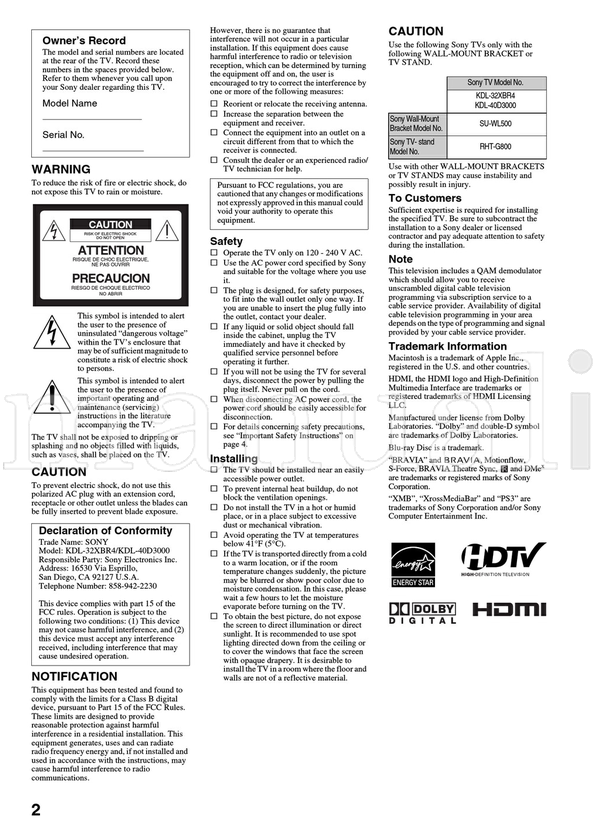 Sony KDL-32XBR4 KDL-40D3000 (48 pages) TV Operating Manual