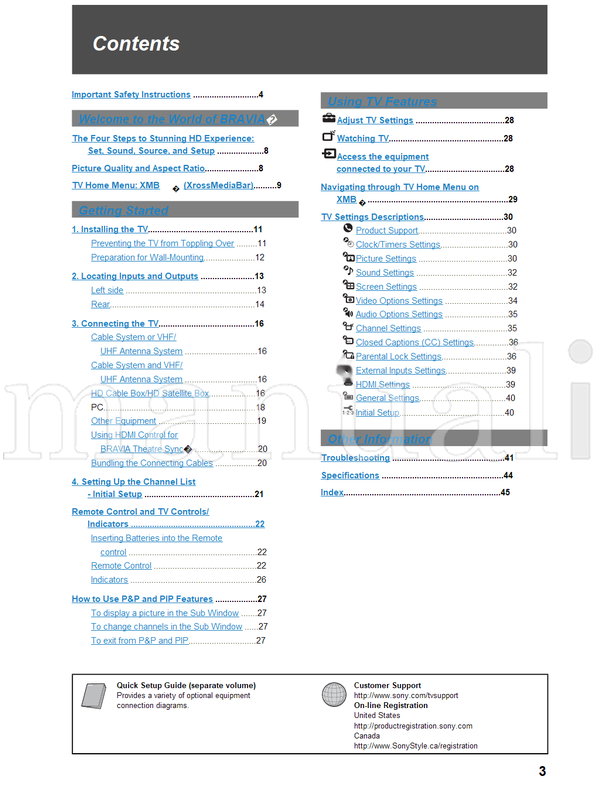 Sony KDL-32XBR4 KDL-40D3000 (48 pages) TV Operating Manual