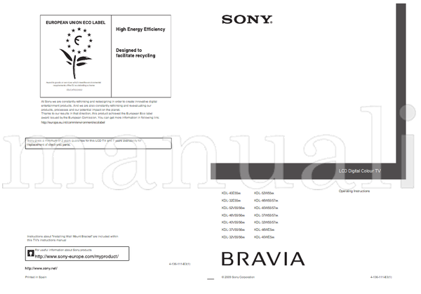 Sony KDL-40E55xx KDL-32E55xx KDL-52V55 KDL-46V55 KDL-40V55 (55 pages) TV Operating Manual