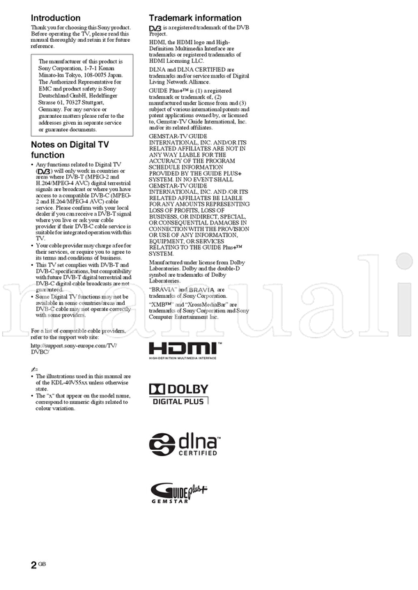 Sony KDL-40E55xx KDL-32E55xx KDL-52V55 KDL-46V55 KDL-40V55 (55 pages) TV Operating Manual