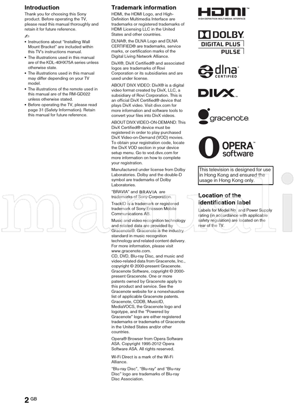 Sony KDL-40HX75A 40EX650 32HX75A 32EX650 32EX550 26EX550 (64 pages) TV Operating Manual