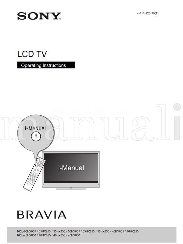 Sony KDL-65HX955 65HX953 55HX955 55HX855 55HX853 55HX850 46HX855 (36 pages) TV Operating Manual