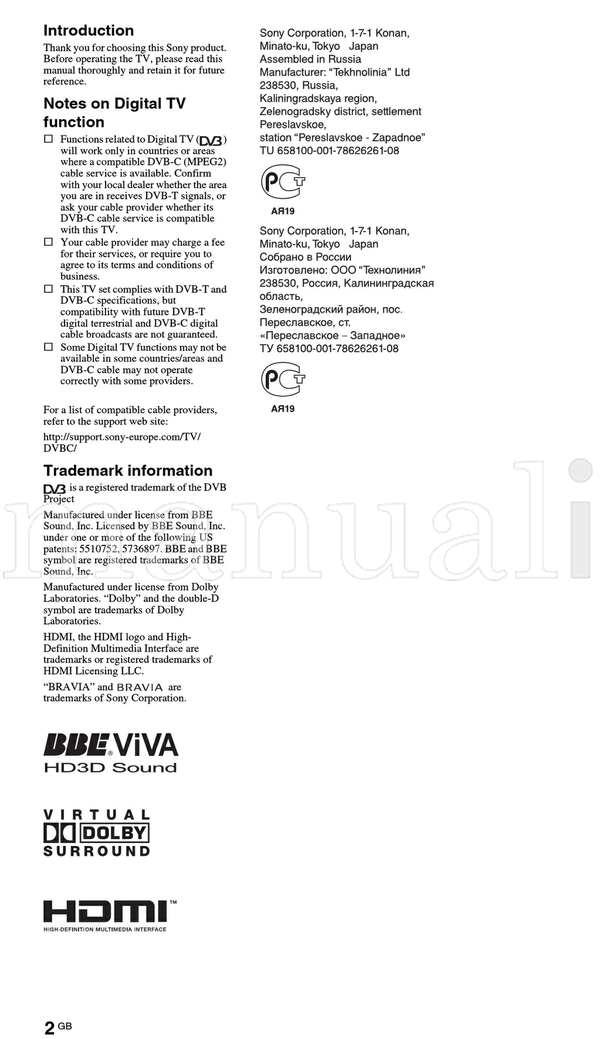 Sony KDL-52V4000 KDL-46V4000 KDL-40V4000 KDL-40L4000 (89 pages) TV Operating Manual
