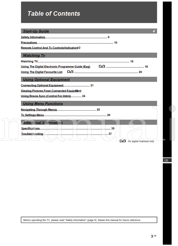 Sony KDL-52V4000 KDL-46V4000 KDL-40V4000 KDL-40L4000 (89 pages) TV Operating Manual