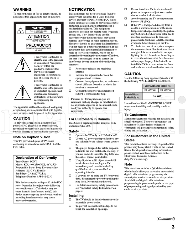 Sony KDL-40V2500 KDL-46V2500 (48 pages) TV Operating Manual