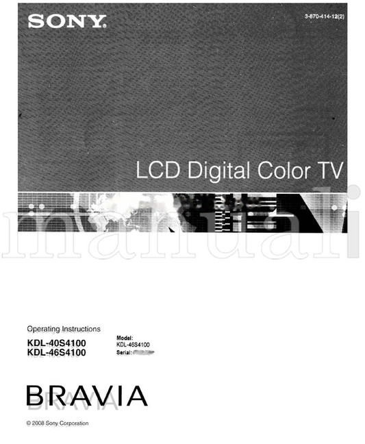 Sony KDL-40S4100 KDL-46S4100 (58 pages) TV Operating Manual