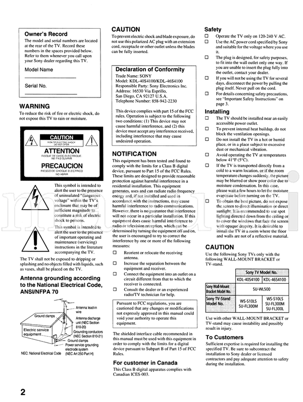 Sony KDL-40S4100 KDL-46S4100 (58 pages) TV Operating Manual