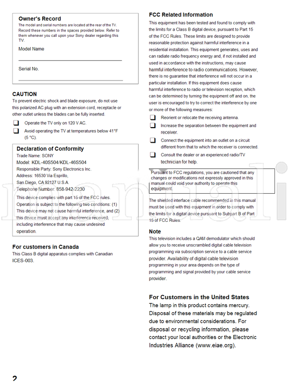 Sony KDL-46S504 KDL-40S504 (24 pages) TV Operating Manual