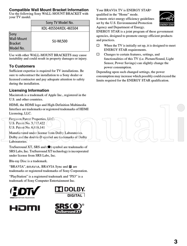 Sony KDL-46S504 KDL-40S504 (24 pages) TV Operating Manual