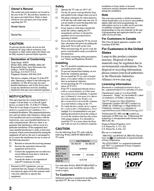 Sony KDL-40SL140 KDL-46SL140 (48 pages) TV Operating Manual