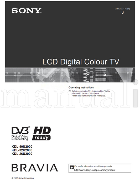 Sony KDL-40U2000 KDL-32U2000 KDL-26U2000 (27 pages) TV Operating Manual