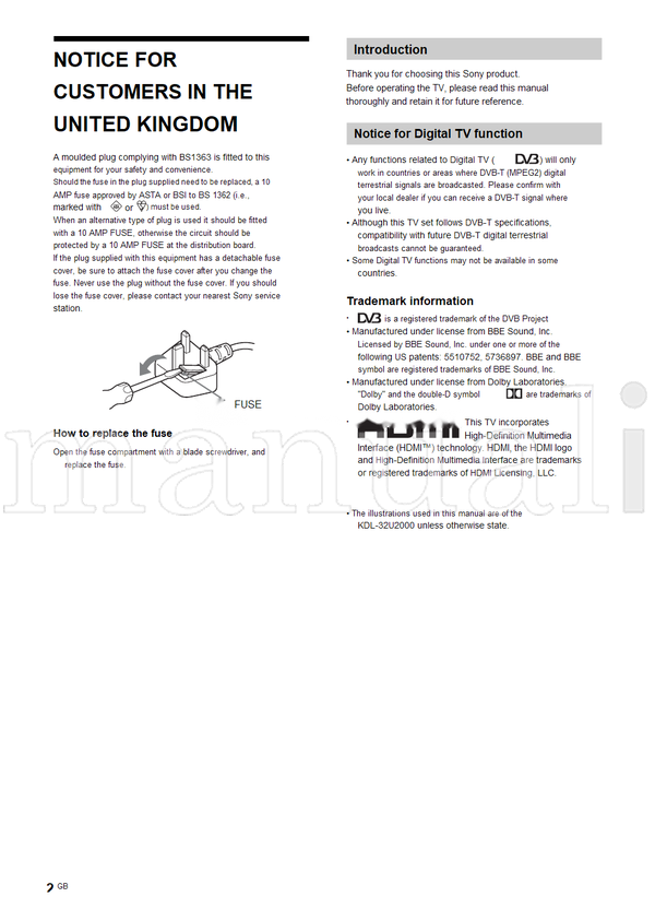 Sony KDL-40U2000 KDL-32U2000 KDL-26U2000 (27 pages) TV Operating Manual