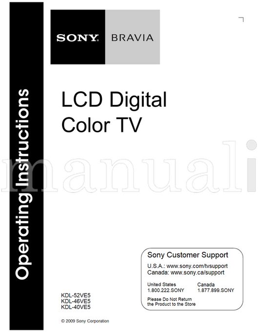 Sony KDL-52VE5 KDL-46VE5 KDL-40VE5 (24 pages) TV Operating Manual