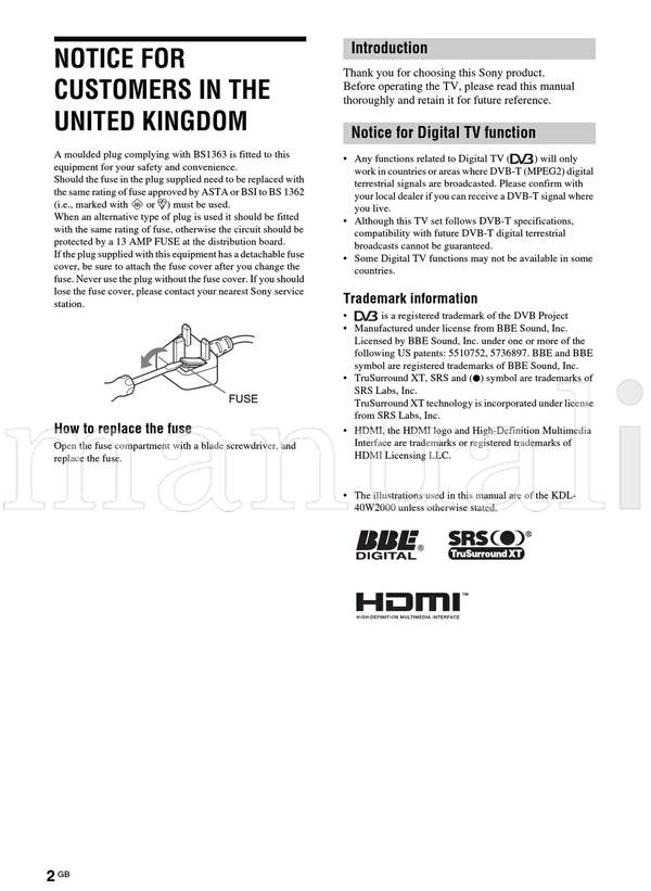 Sony KDL-46W2000 KDL-40W2000 (48 pages) TV Operating Manual