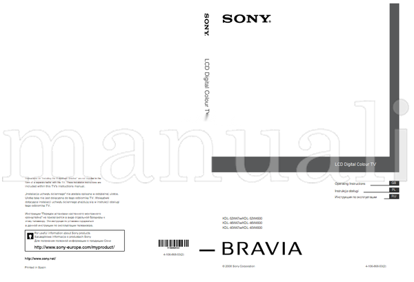 Sony KDL-52W47xx KDL-52W4500 KDL-46W47xx KDL-46W4500 KDL-40W47xx (179 pages) TV Operating Manual