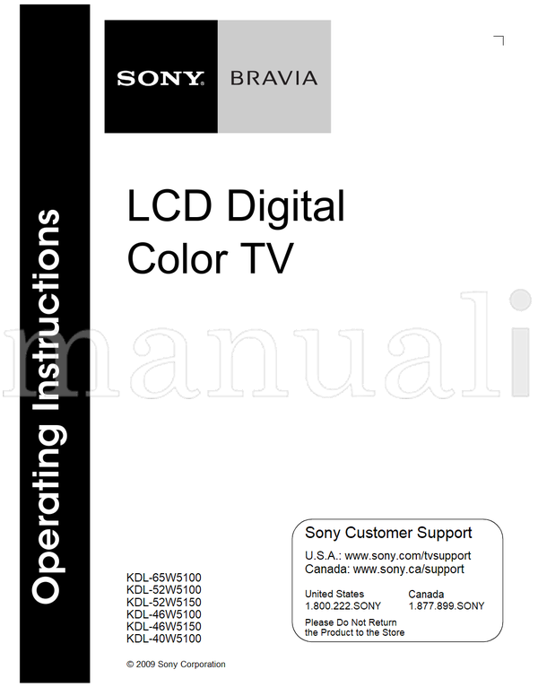 Sony KDL-65W5100 KDL-52W5100 KDL-52W5150 KDL-46W5100 KDL-46W5150 (40 pages) TV Operating Manual