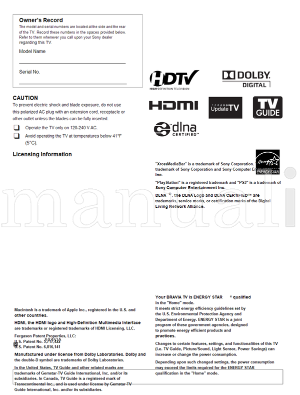 Sony KDL-65W5100 KDL-52W5100 KDL-52W5150 KDL-46W5100 KDL-46W5150 (40 pages) TV Operating Manual