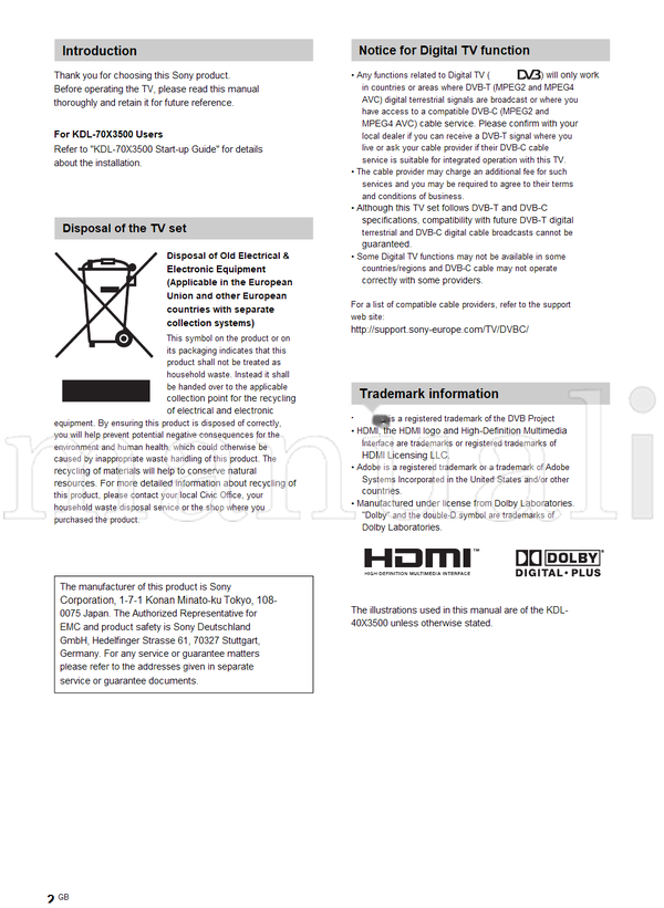 Sony KDL-70X3500 KDL-52X3500 KDL-46X3500 KDL-46X3000 KDL-40X3500 (164 pages) TV Operating Manual